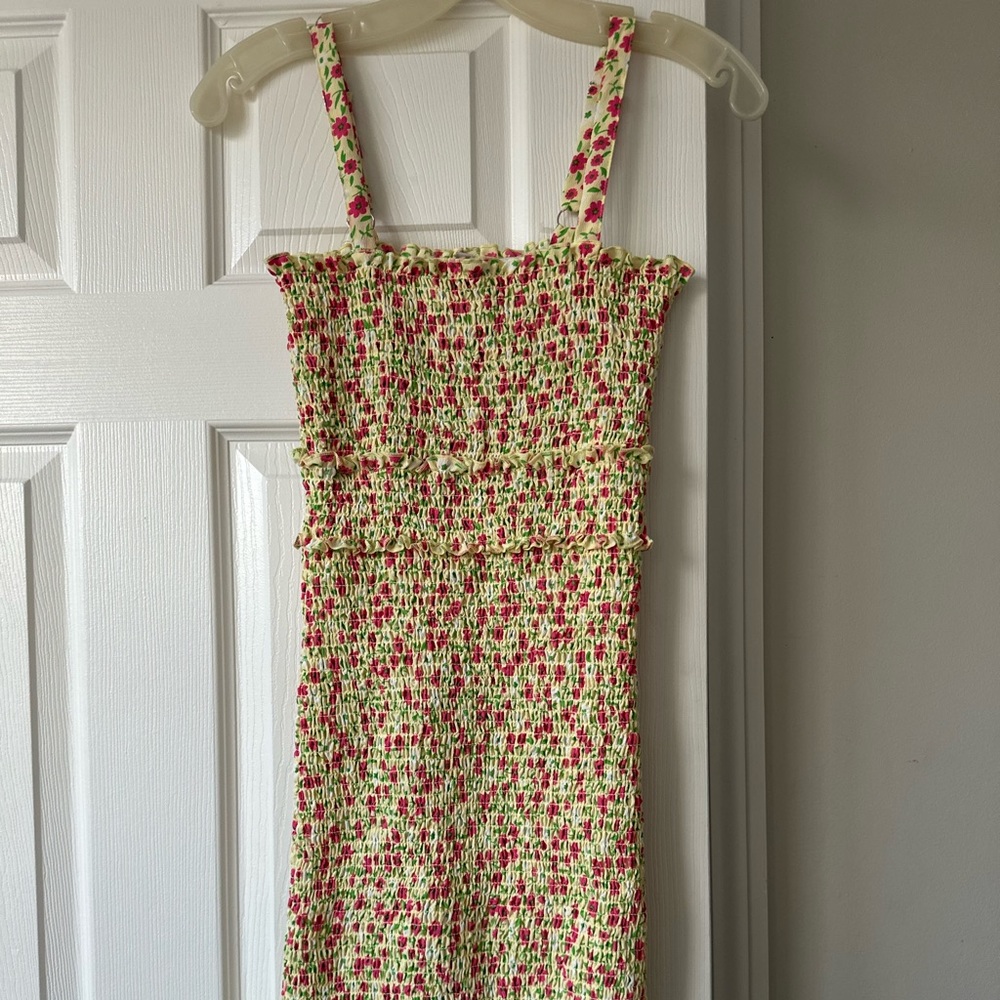 Love Tree Ruched Spring Floral Yellow Mini Dress with Ruffled Bottom - Picture 2 of 7